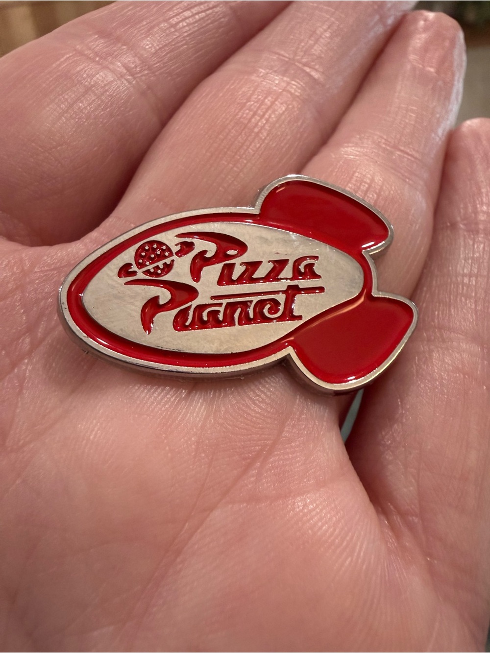 Disney inspired Toy Story Pizza Planet Logo Rocket Enamel Pin Red & Silver Logo